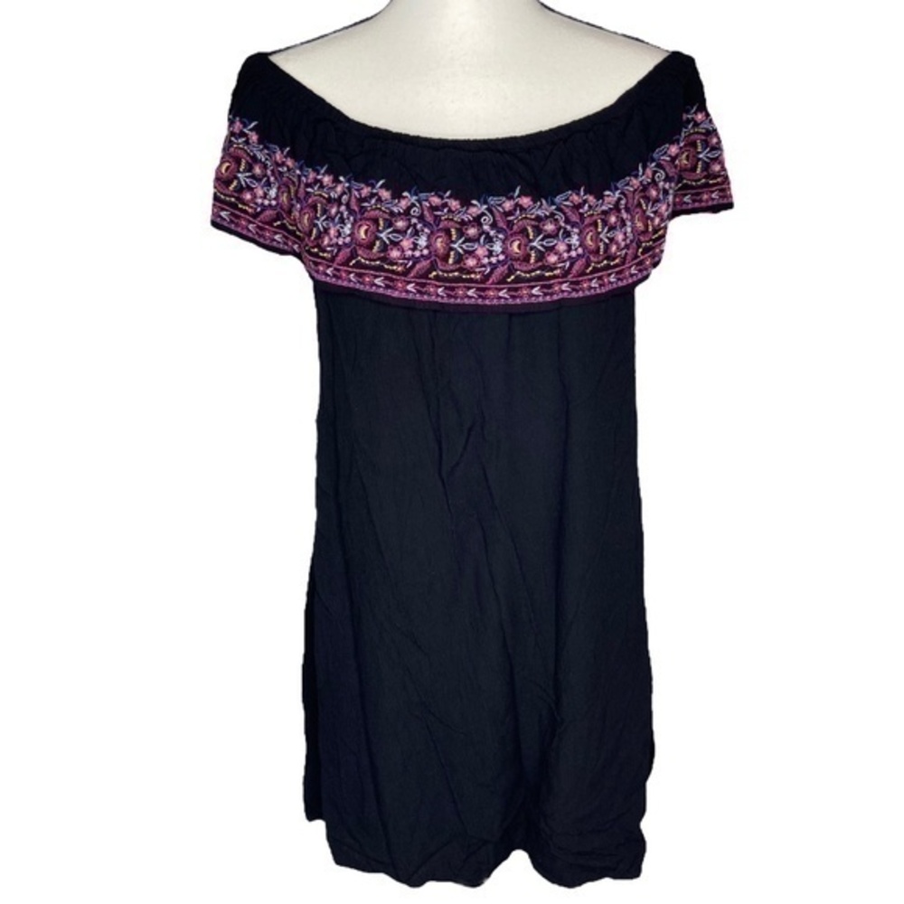 Arizona Jean Co Dress Black Off The Shoulder Floral Embroidered Dress Size Large